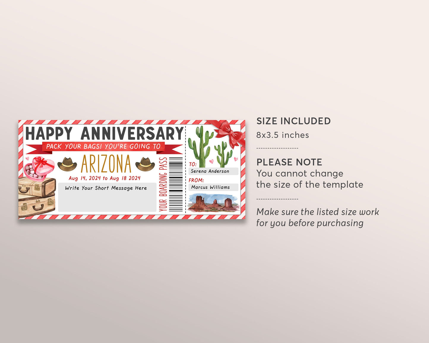 Wedding Anniversary Arizona Trip Ticket Boarding Pass Editable Template, Surprise Valentines Day Travel Airline Gift Certificate Trip Reveal