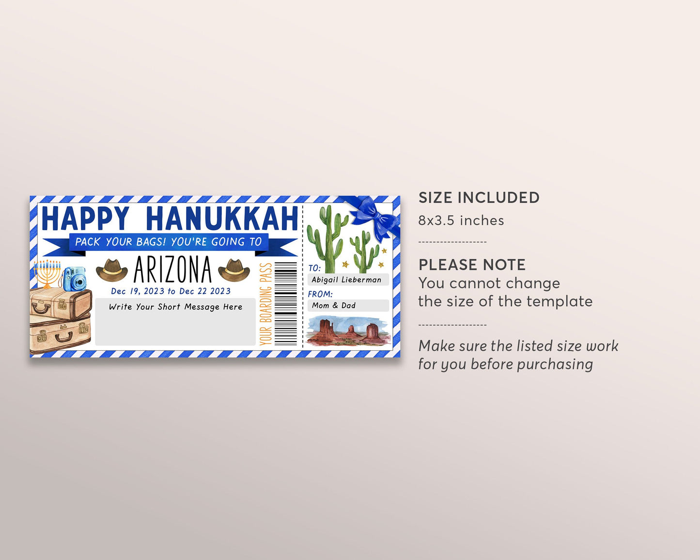 Hanukkah Arizona Trip Ticket Boarding Pass Editable Template, Surprise Chanukah Travel Airline Gift Certificate Trip Reveal, Pack Your Bags