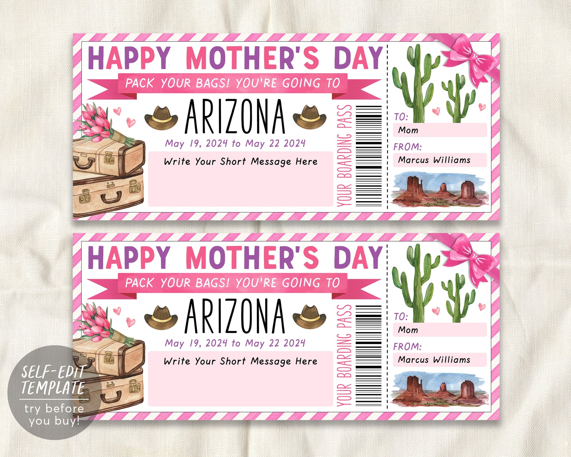 Mothers Day Arizona Trip Ticket Boarding Pass Editable Template