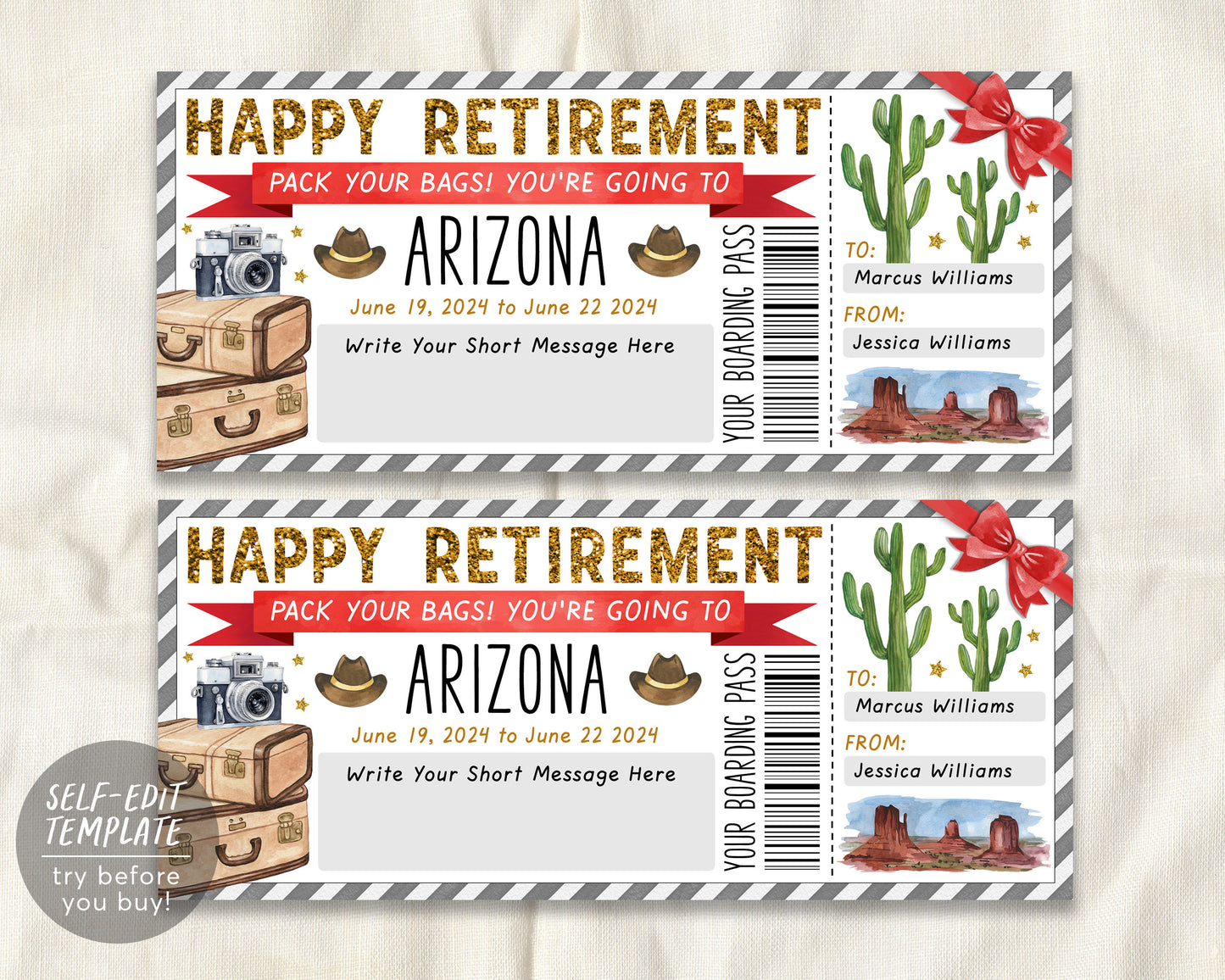 Retirement Arizona Trip Ticket Boarding Pass Editable Template