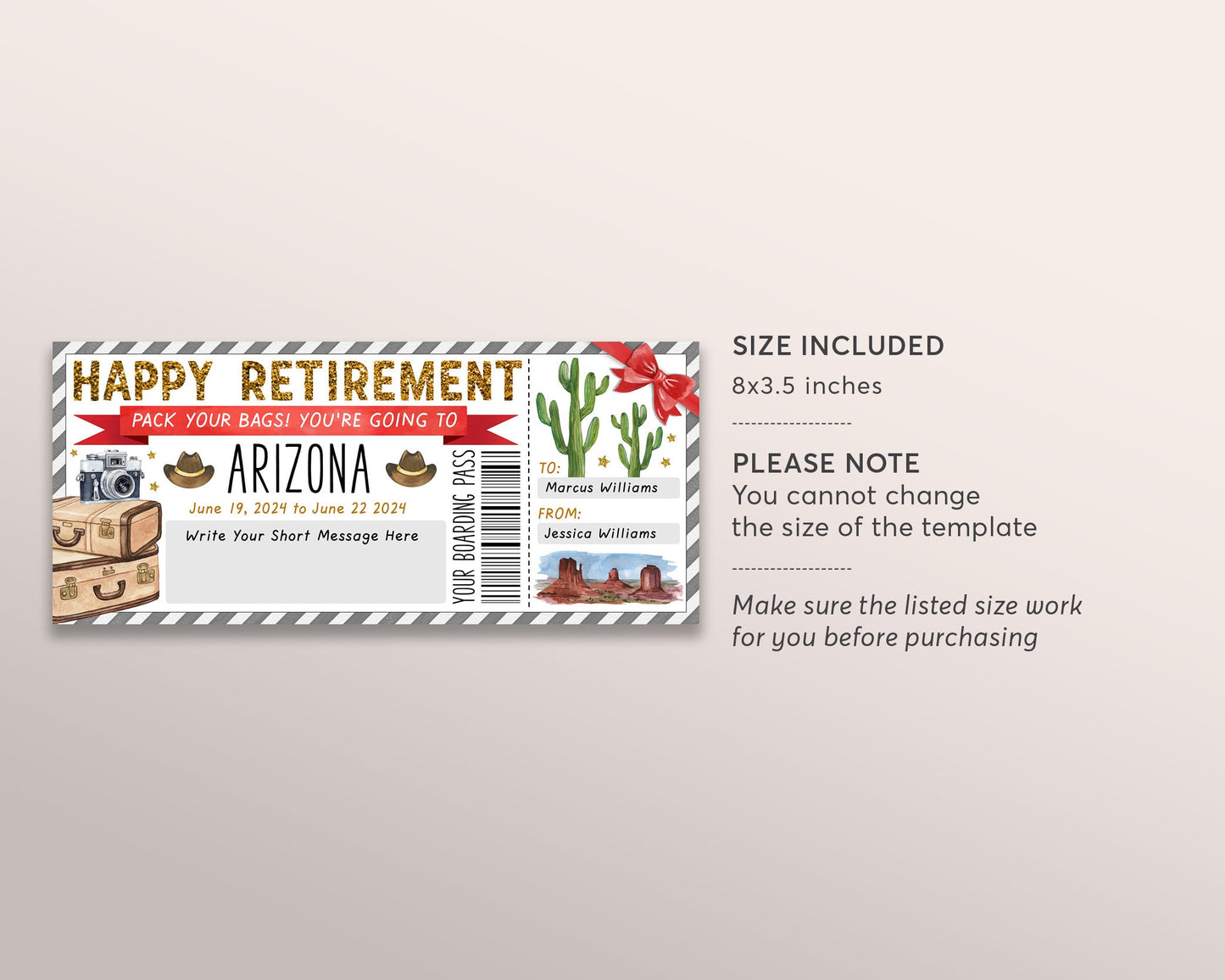 Retirement Arizona Trip Ticket Boarding Pass Editable Template, Surprise Travel Airline Gift Certificate Trip Reveal For Retiree Printable