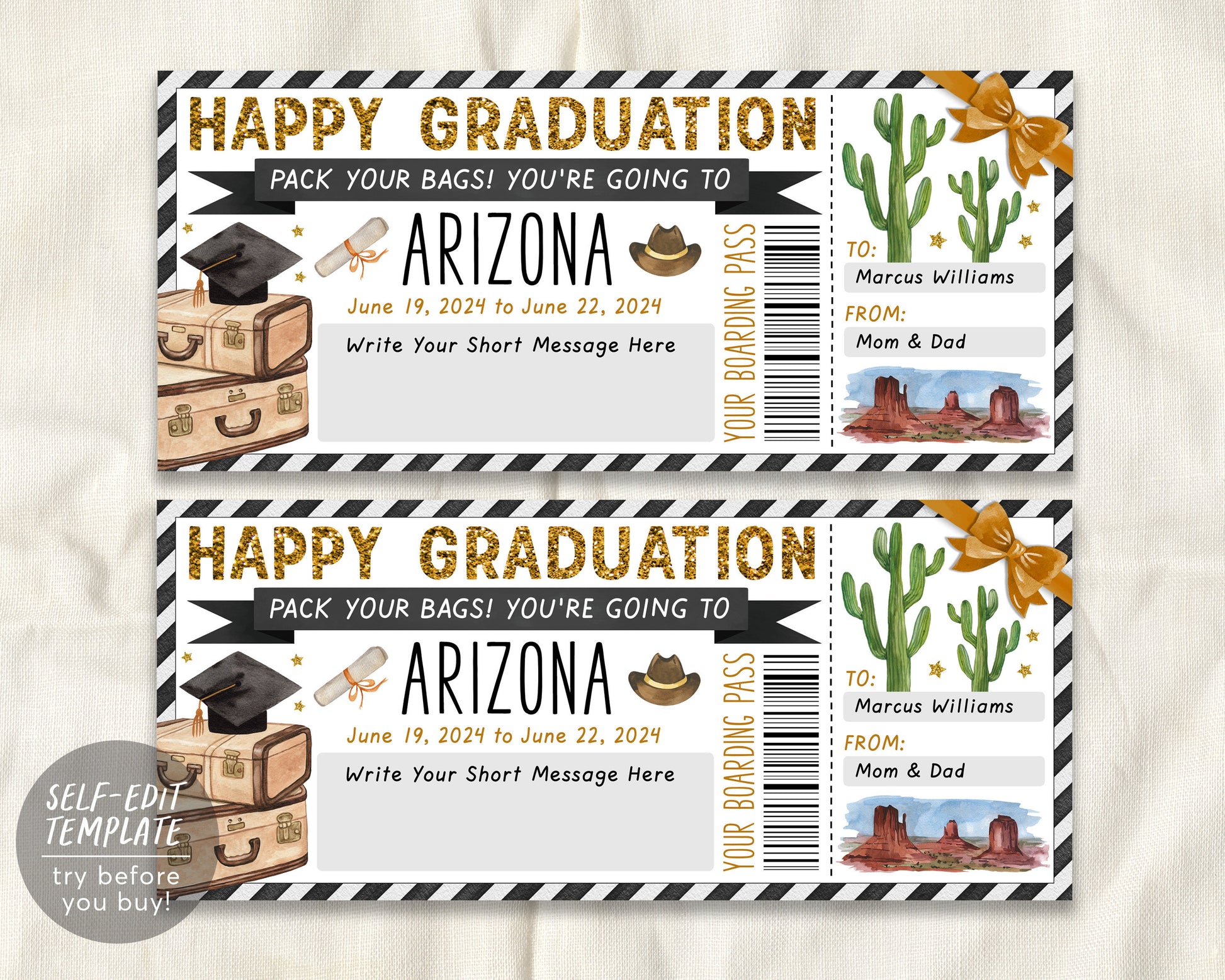 Graduation Arizona Trip Ticket Boarding Pass Editable Template