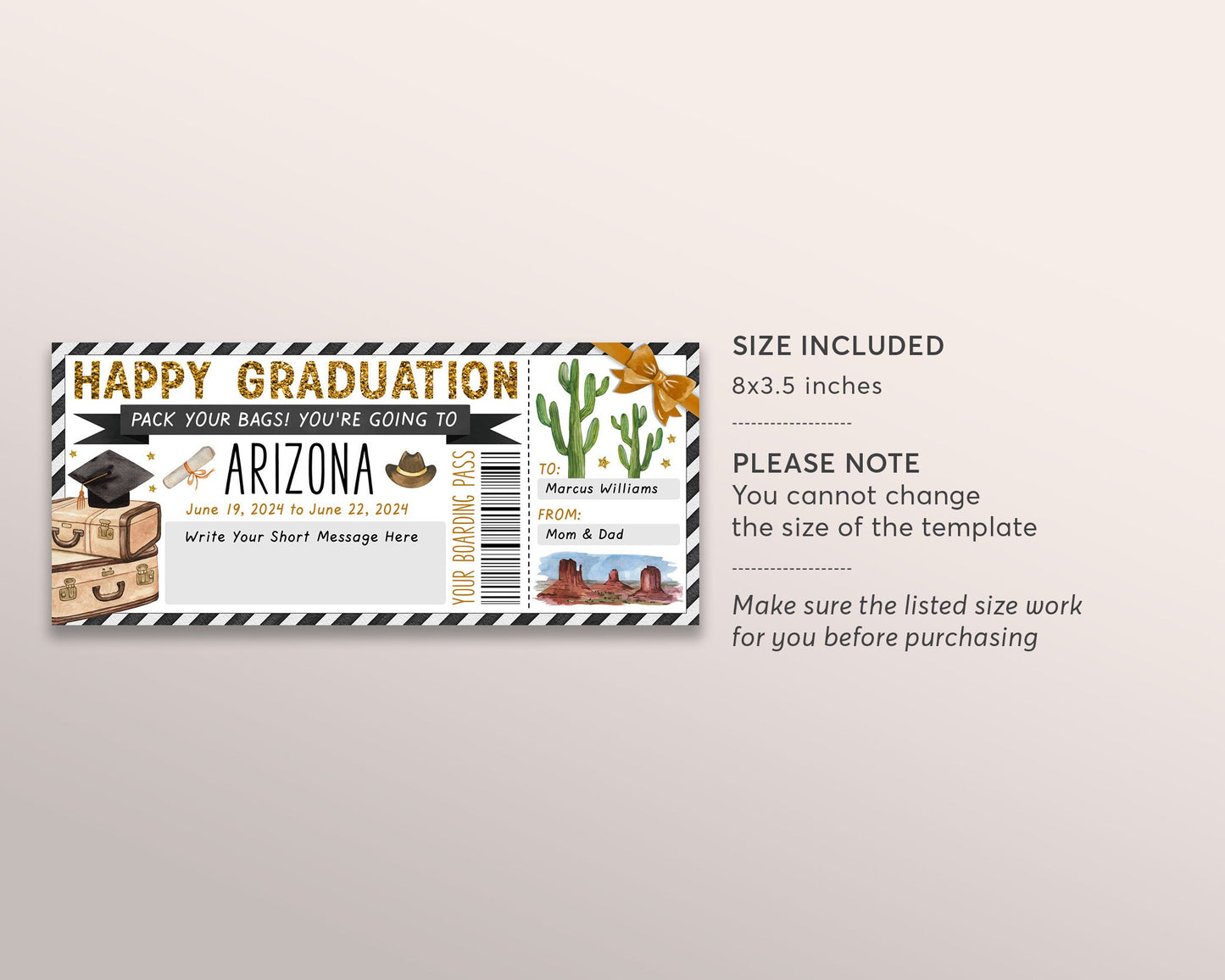 Graduation Arizona Trip Ticket Boarding Pass Editable Template, Surprise Travel Airline Gift Certificate Trip Reveal For New Graduate DIY