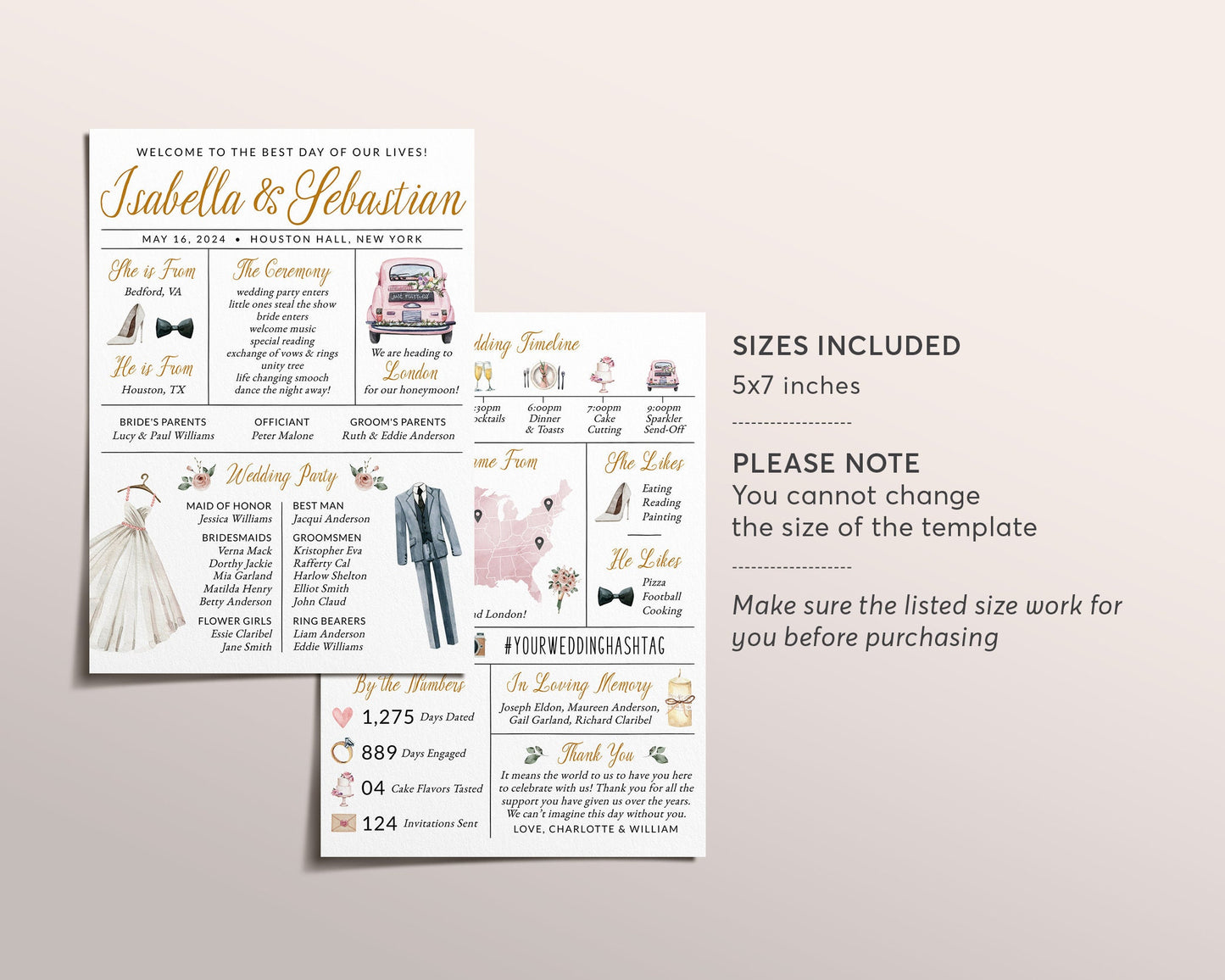 Blush Infographic Wedding Program Editable Template, Watercolor Reception Program, Wedding Timeline Unique Ceremony Program, Order Of Events