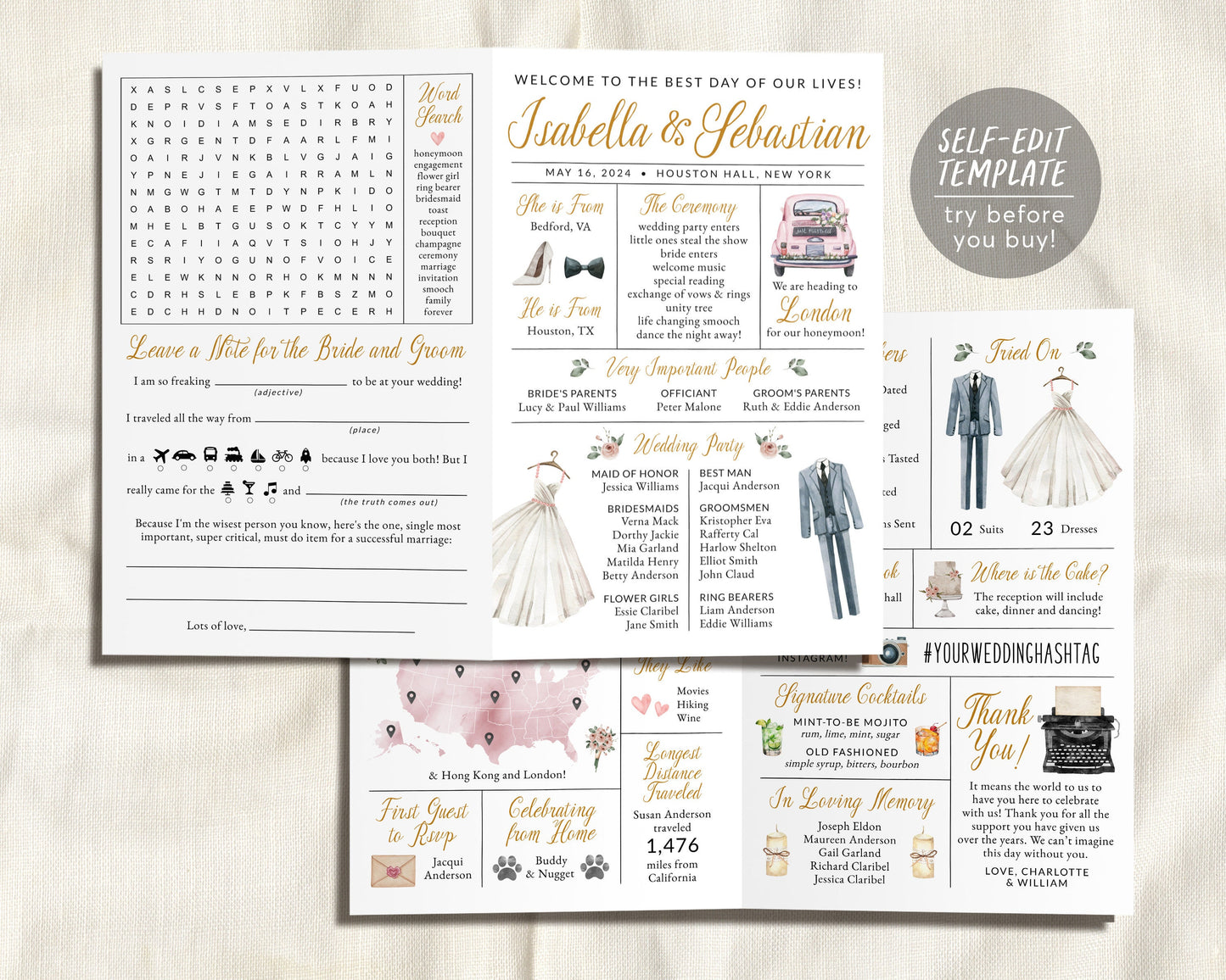 Blush Infographic Wedding Bifold Program Editable Template