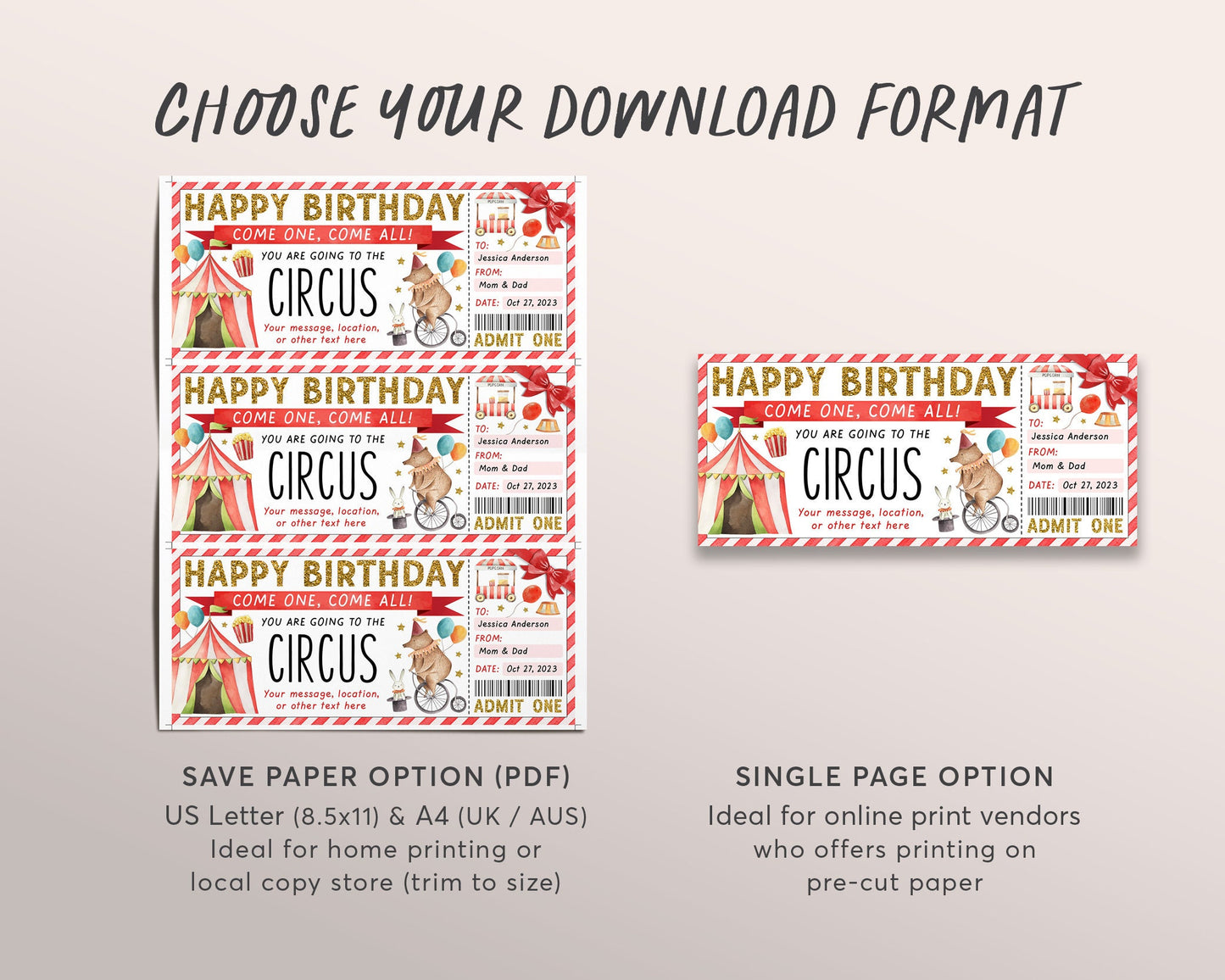 Circus Ticket Editable Template, Surprise Birthday Carnival Ticket Gift Voucher For Kids, Holiday Theme Park Day Trip Certificate Reveal DIY