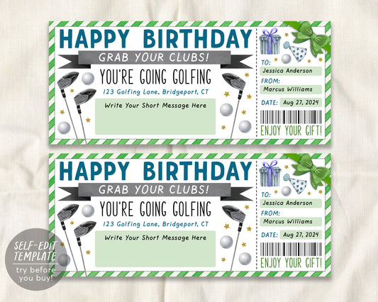 Golf Trip Gift Ticket Editable Template