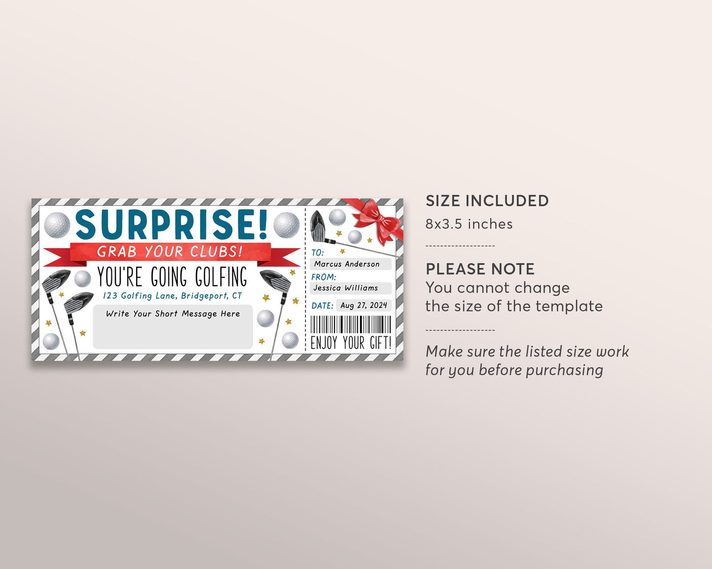 Golf Trip Gift Ticket Editable Template, Surprise Golfing Game Fake Voucher, Sports Gift Certificate, Golf Tournament Golf Lover Voucher