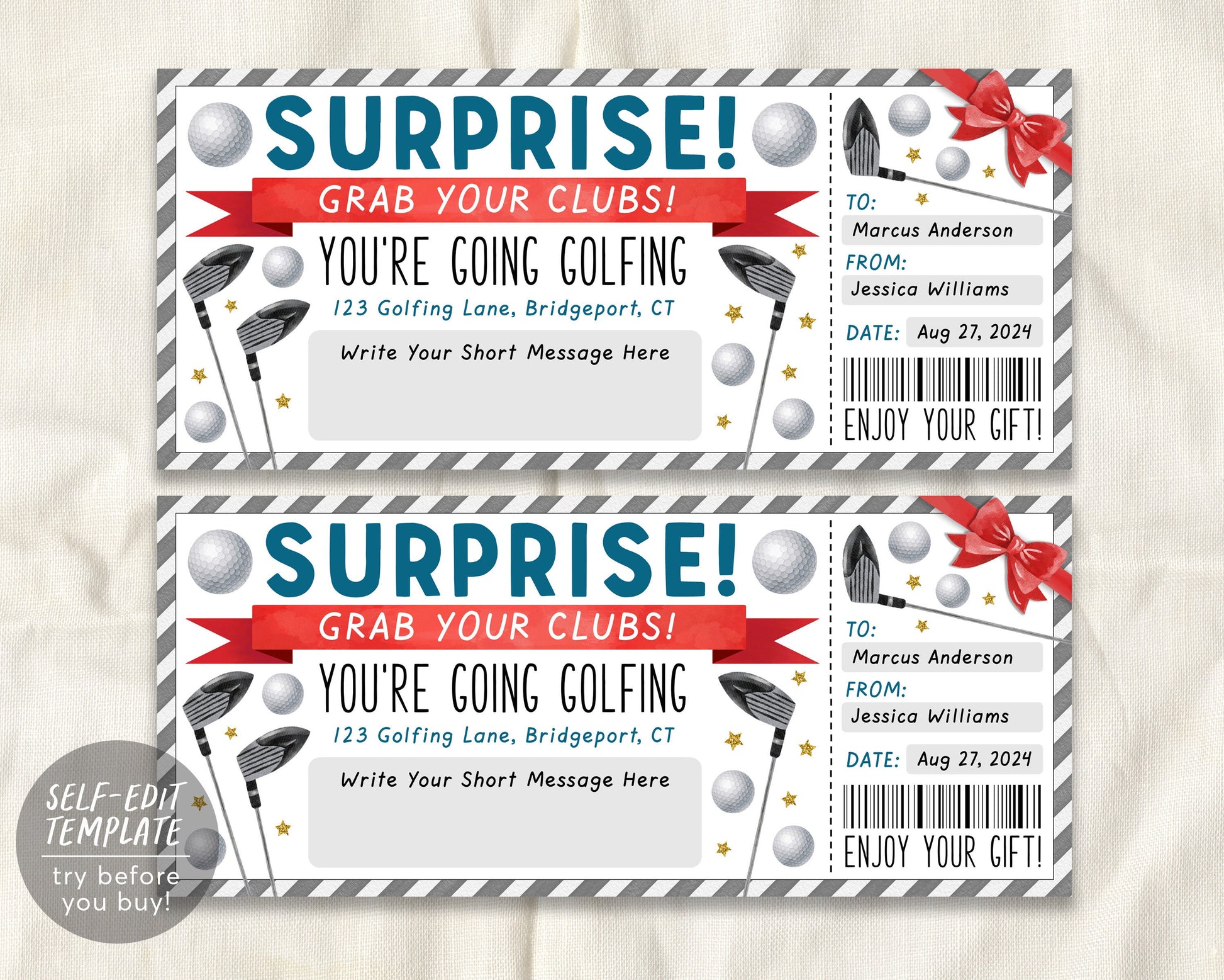 Golf Trip Gift Ticket Editable Template