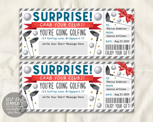 Golf Trip Gift Ticket Editable Template