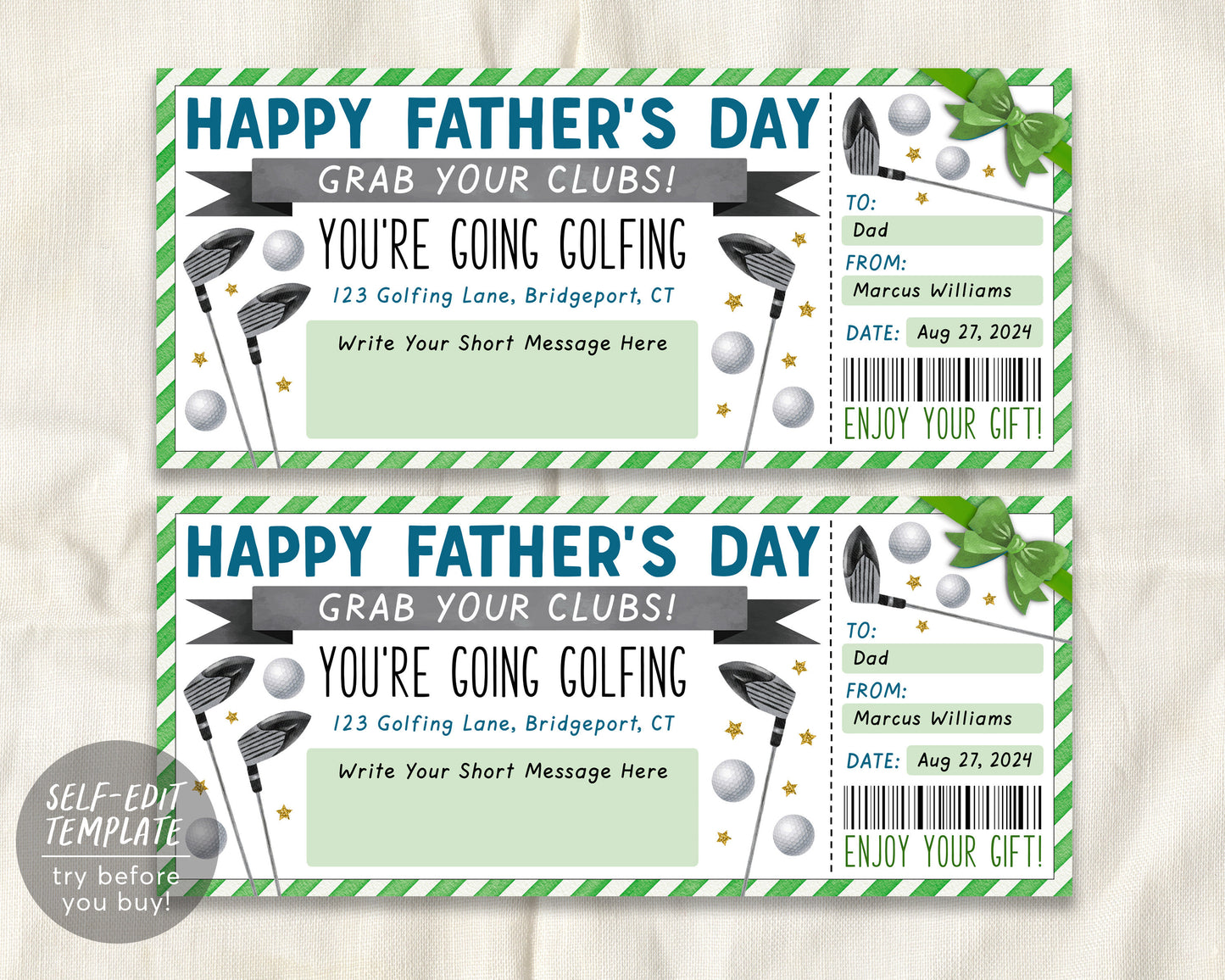 Fathers Day Golf Trip Gift Ticket Editable Template