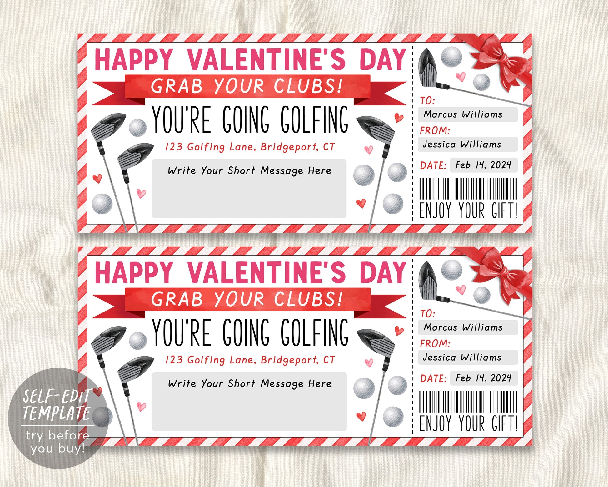 Valentine&#39;s Day Golf Trip Gift Ticket Editable Template