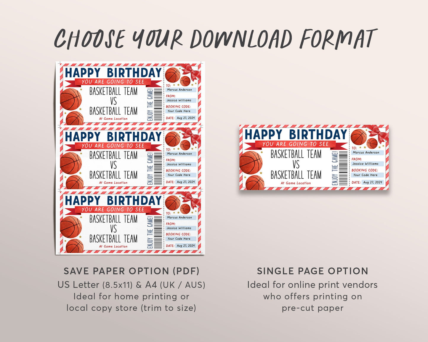 Basketball Game Gift Ticket Editable Template, Birthday Surprise Sports Game Ticket Voucher Gift Certificate For Him, Basketball Lovers Gift