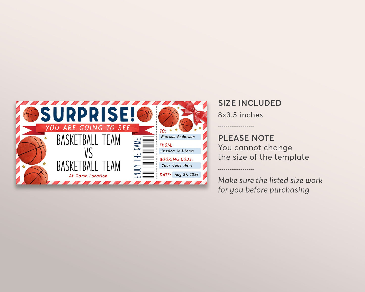 Basketball Game Gift Ticket Editable Template, Surprise Sports Game Ticket Voucher Gift Certificate For Husband Boyfriend, Basketball Lovers