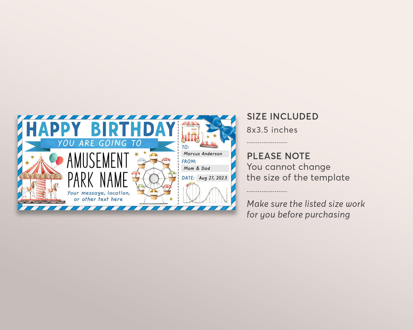 Amusement Park Ticket Editable Template, Surprise Birthday Theme Park Gift Voucher For Kids, Carnival Day Trip Gift Certificate Last Minute