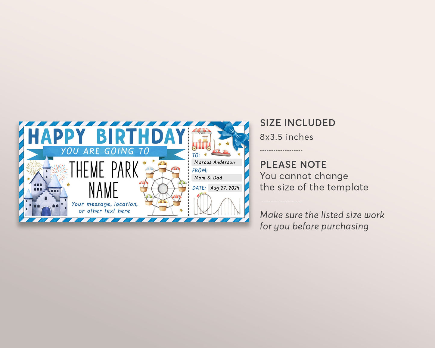 Theme Park Ticket Editable Template, Surprise Birthday Amusement Park Gift Voucher For Kids, Carnival Day Trip Gift Certificate Last Minute