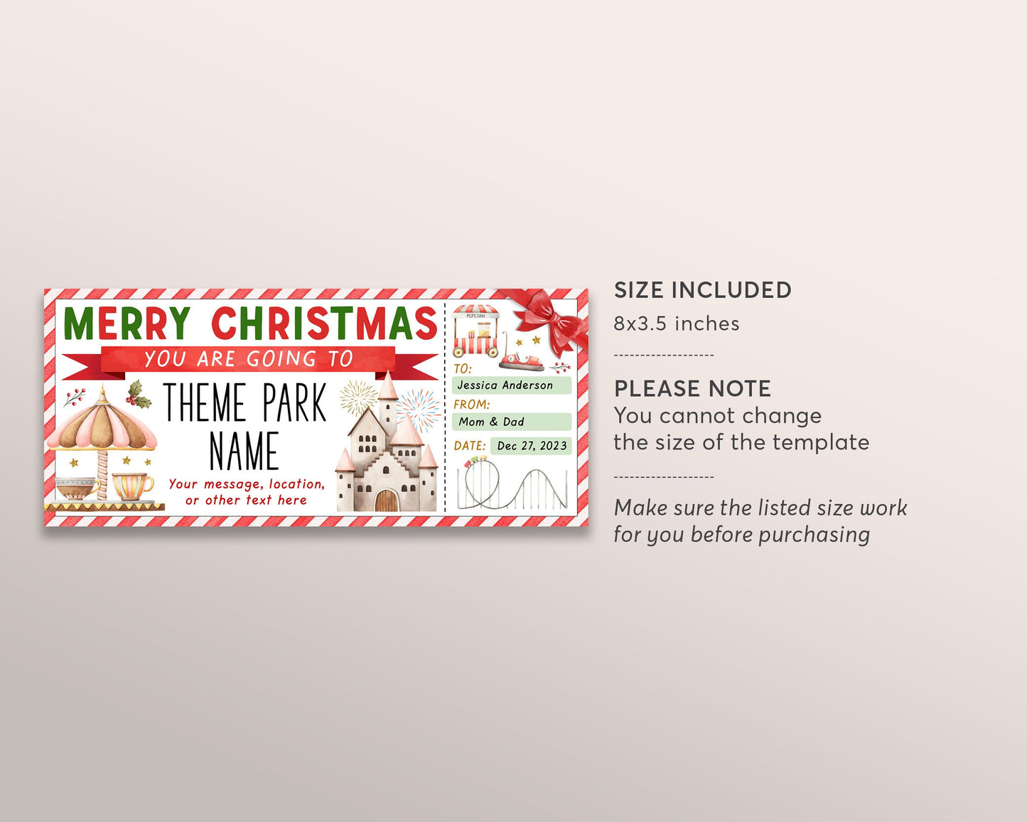 Christmas Theme Park Ticket Editable Template, Surprise Amusement Park Gift Voucher For Kids, Holiday Carnival Day Trip Gift Certificate