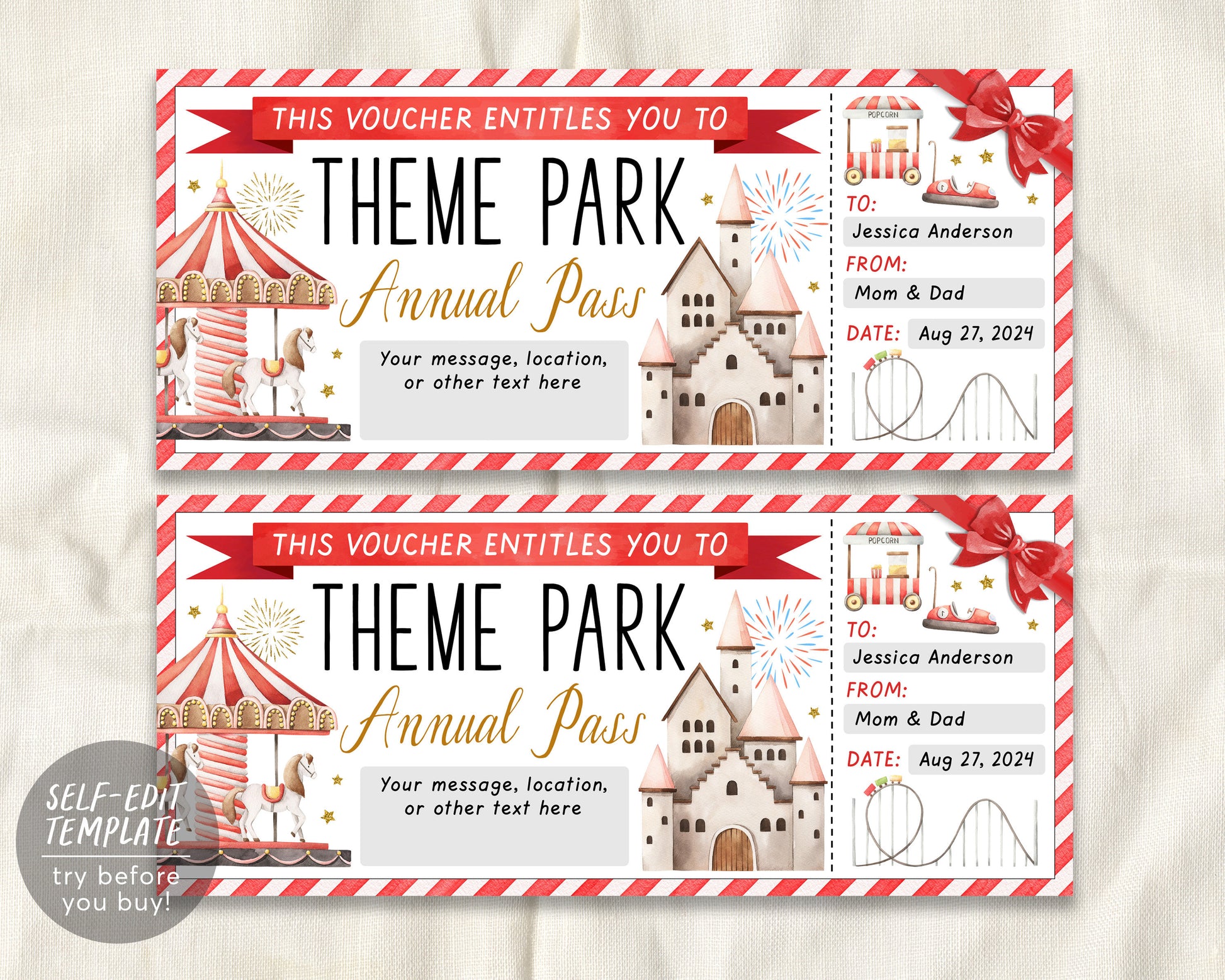 Theme Park Season Pass Ticket Editable Template