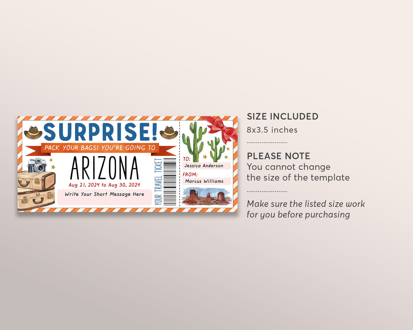 Arizona Trip Ticket Boarding Pass Editable Template, Surprise Travel Vacation Airline Ticket Gift Certificate Trip For Birthday Anniversary