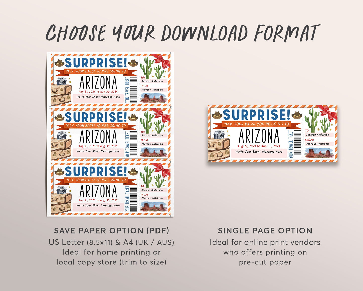 Arizona Trip Ticket Boarding Pass Editable Template, Surprise Travel Vacation Airline Ticket Gift Certificate Trip For Birthday Anniversary