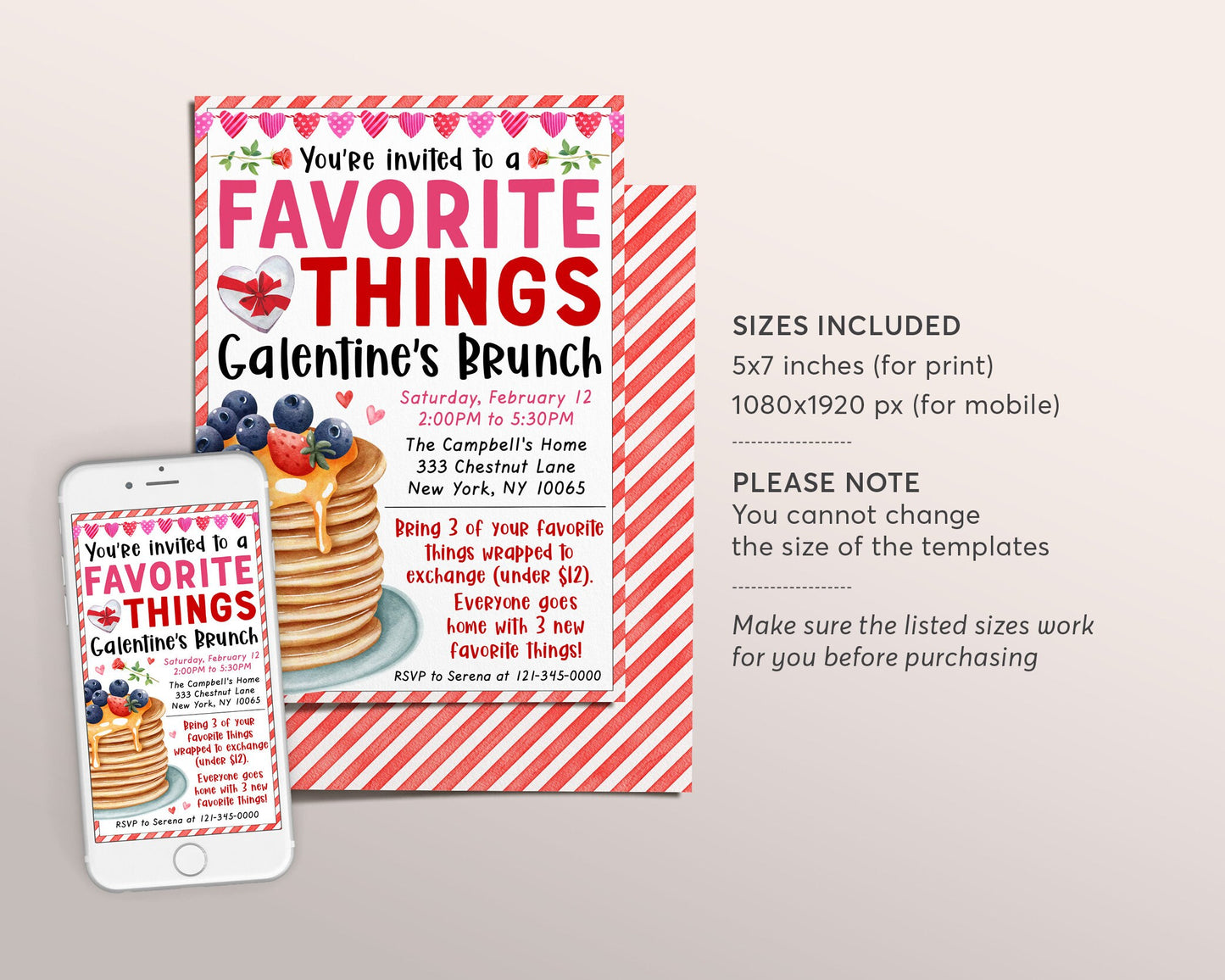 Valentines Day Brunch Invitation Editable Template, Galentine's Favorite Things Party Breakfast Invite Gift Exchange Celebration Pancakes