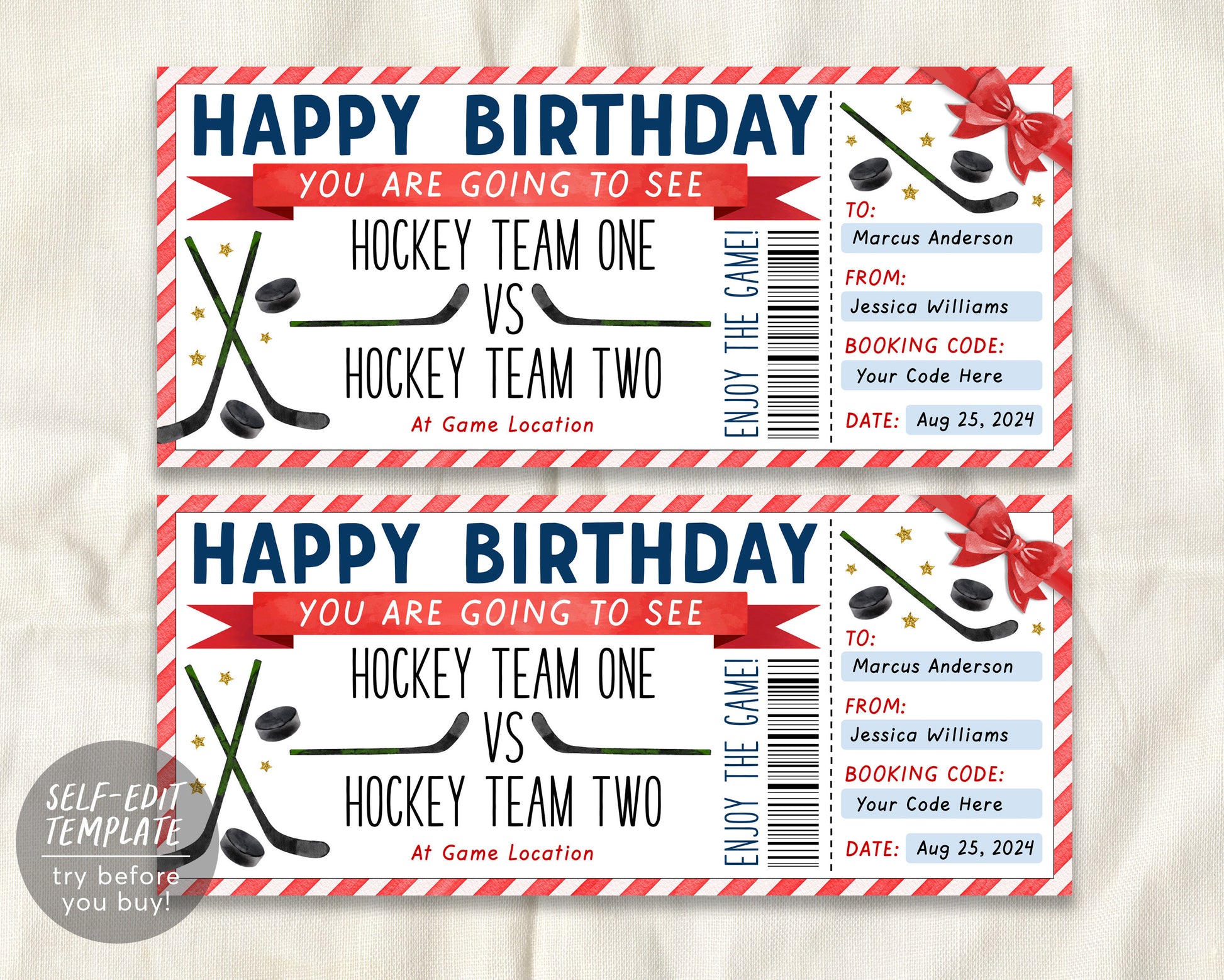 Hockey Game Gift Ticket Editable Template