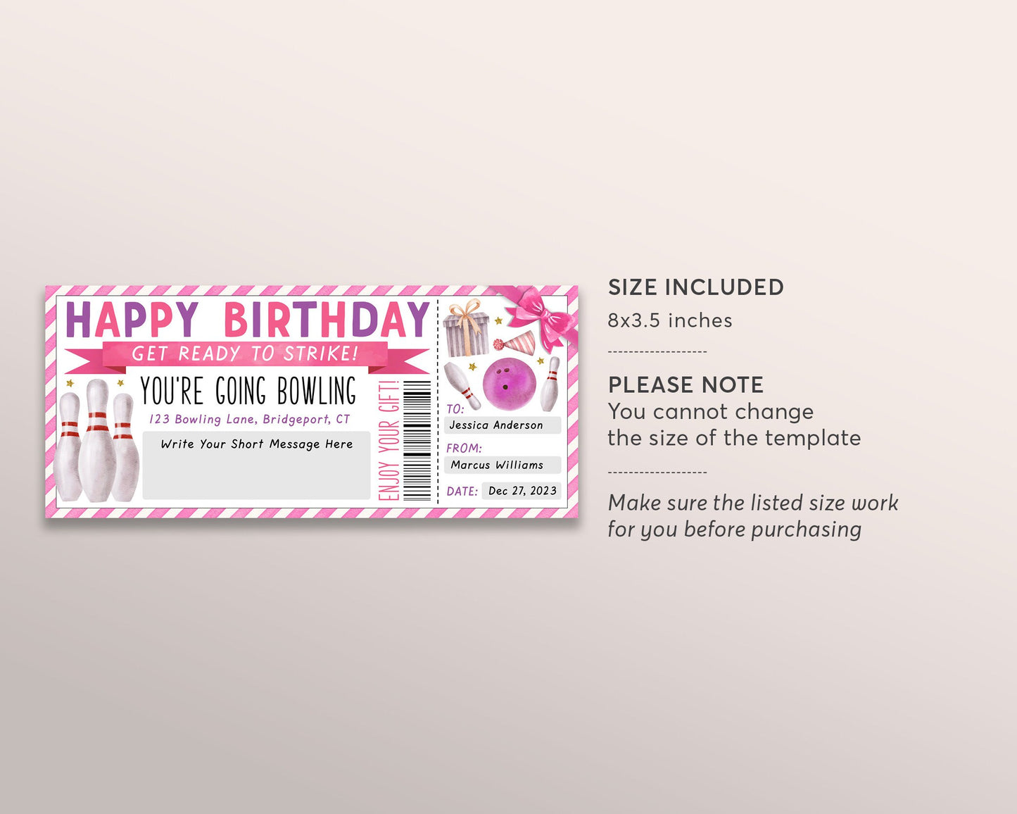 Bowling Gift Certificate Editable Template, Birthday Surprise Bowling Party Celebration Invitation Voucher, Ten Pin Bowling Alley Ticket