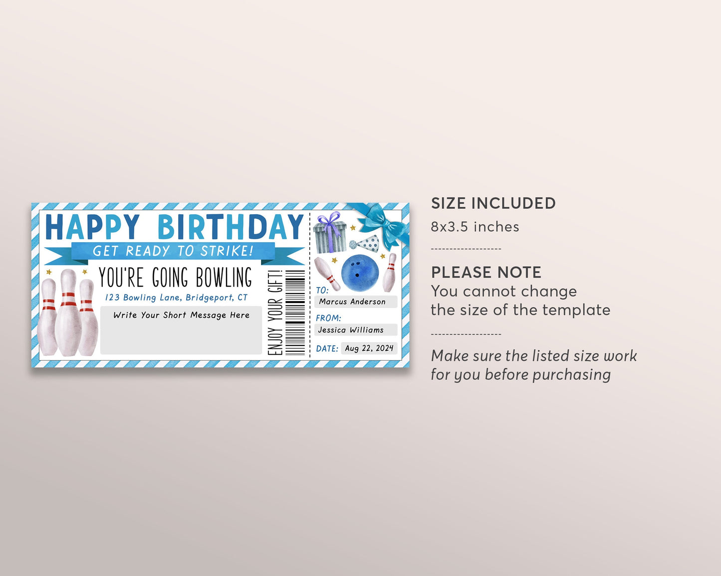 Bowling Gift Certificate Editable Template, Birthday Surprise Bowling Party Celebration Invitation Voucher, Ten Pin Bowling Alley Ticket