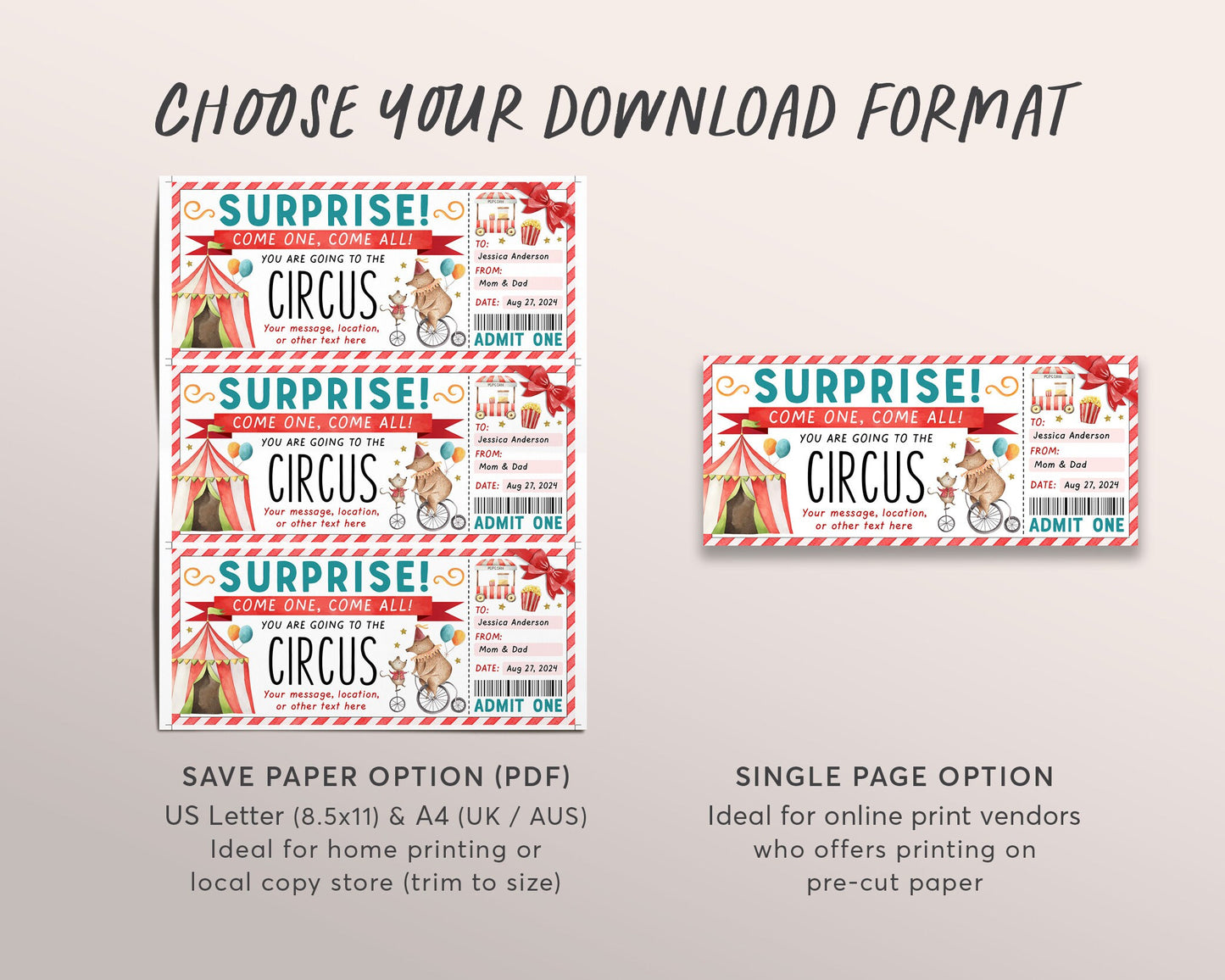 Circus Ticket Editable Template, Surprise Carnival Ticket Gift Voucher For Kids, Theme Park Day Trip Certificate For Birthday Valentines