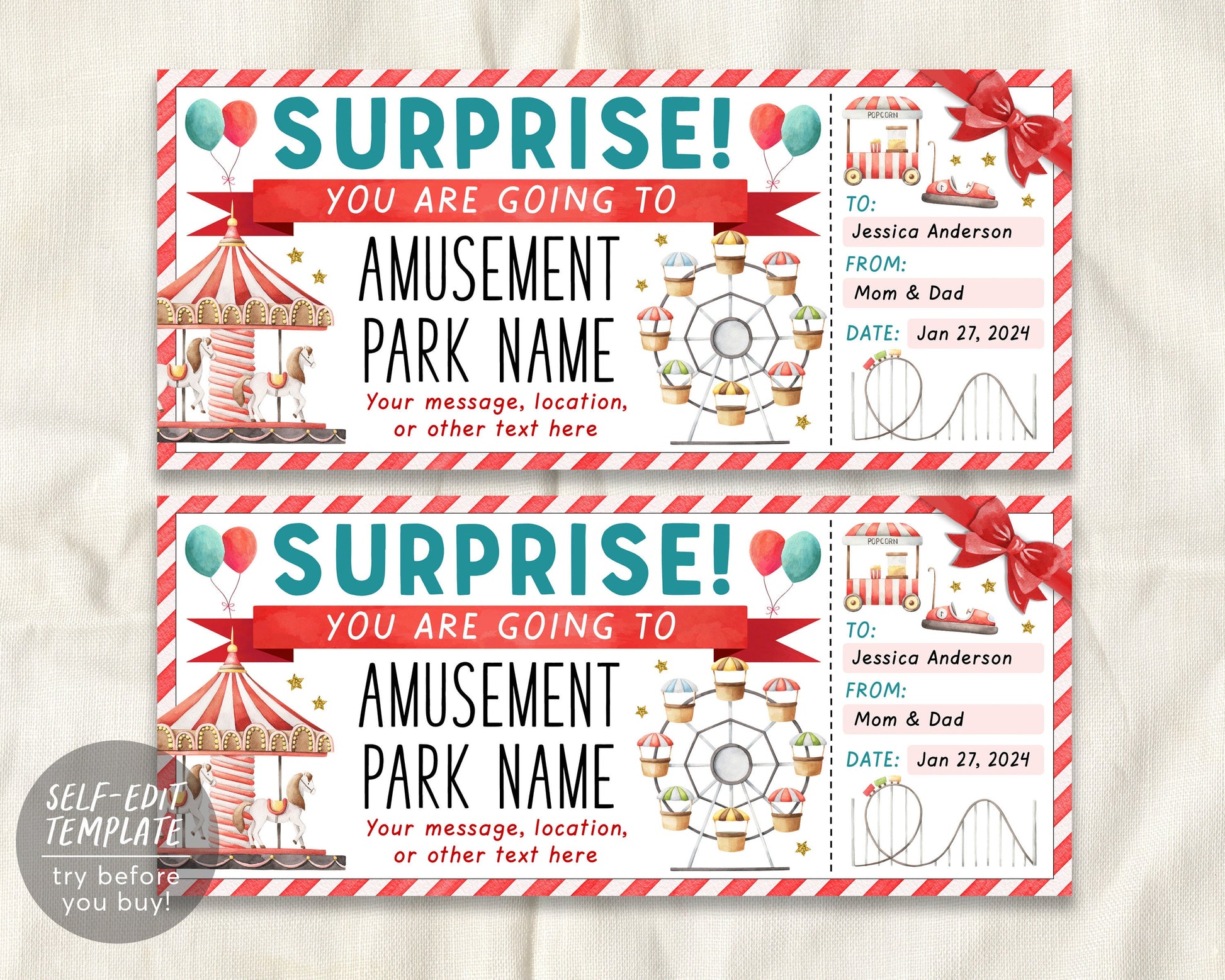 Amusement Park Ticket Editable Template