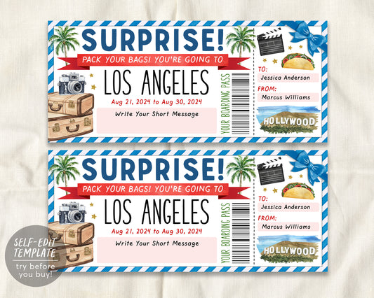 Los Angeles Trip Ticket Boarding Pass Editable Template
