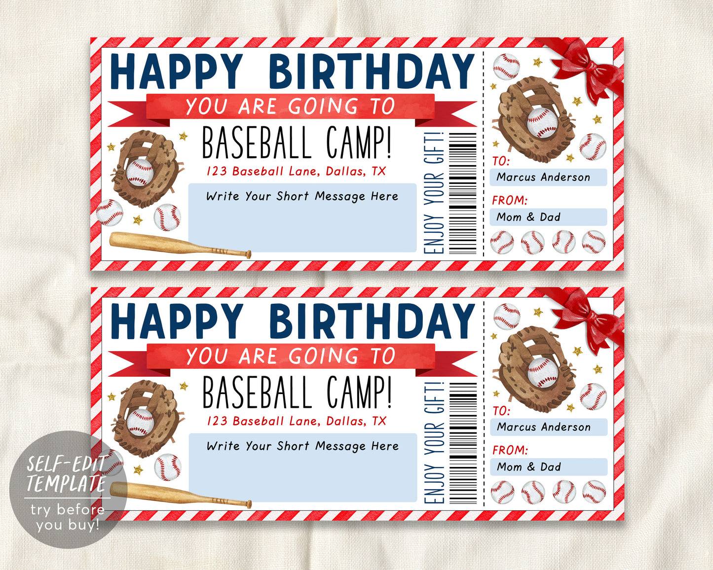 Baseball Camp Gift Ticket Editable Template