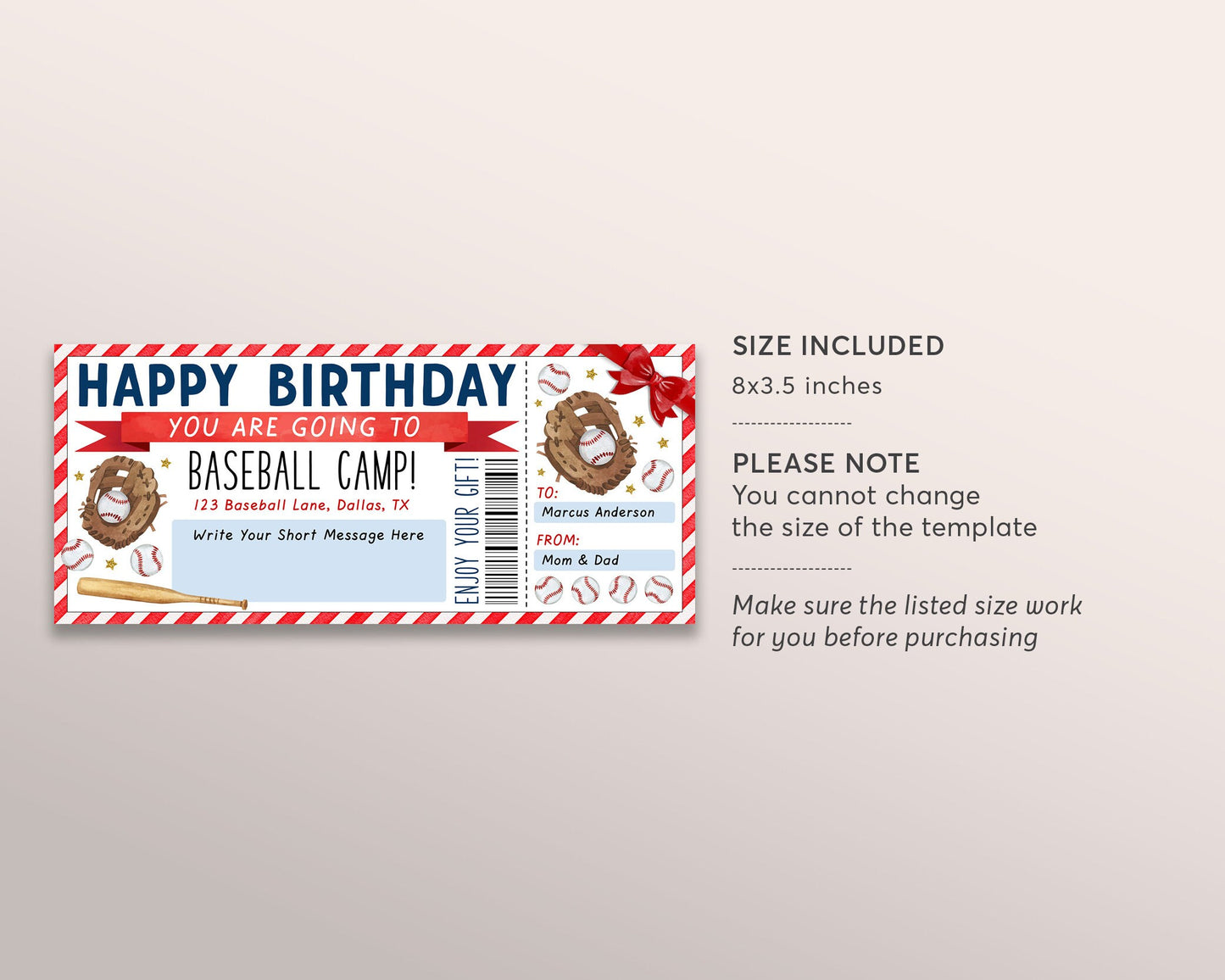 Baseball Camp Gift Ticket Editable Template, Birthday Surprise Training Camp Sports Game Voucher Skills Clinic Coupon Gift Certificate DIY