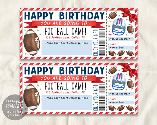 Birthday Football Camp Gift Ticket Editable Template