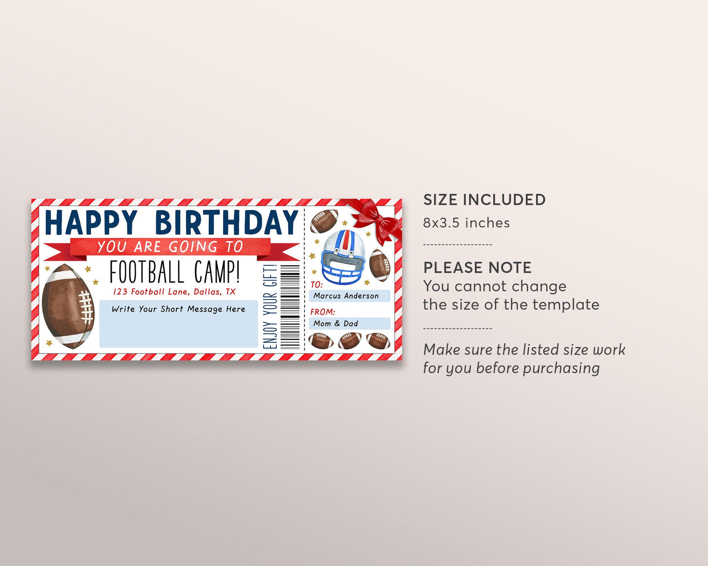 Birthday Football Camp Gift Ticket Editable Template, Surprise Training Camp Sports Game Voucher Skills Clinic Coupon Gift Certificate DIY