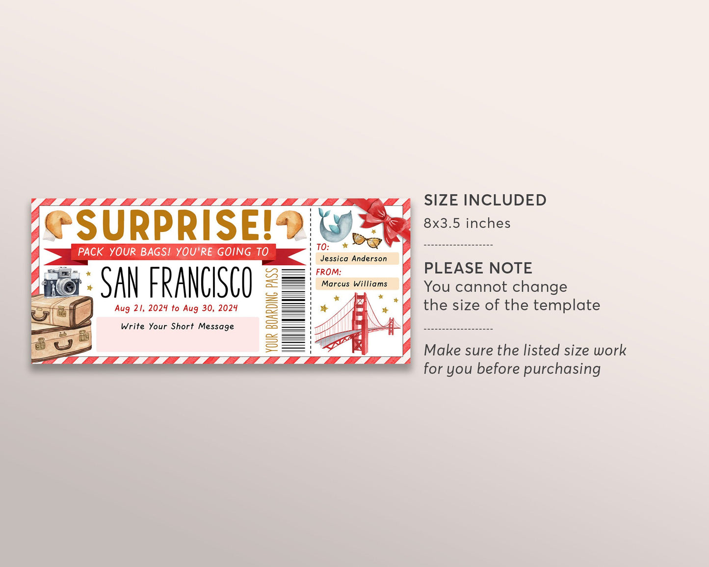 San Francisco Trip Ticket Boarding Pass Editable Template, Surprise Travel California Vacation Airline Ticket Gift Certificate Reveal