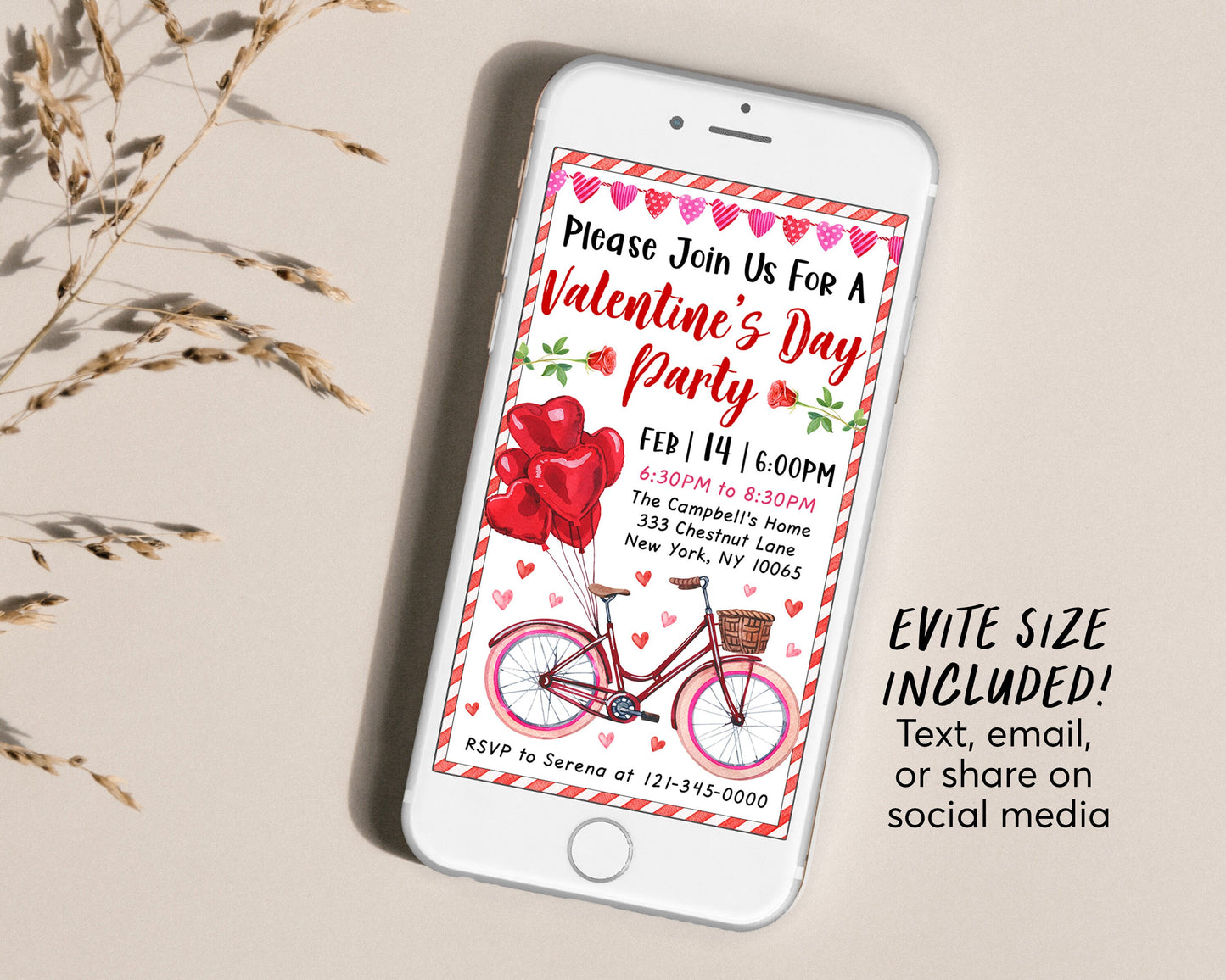Valentines Day Party Invitation Editable Template, Happy Galentine's Day Girls Night Dinner Lunch Invite, Bicycle Heart Balloons Watercolor