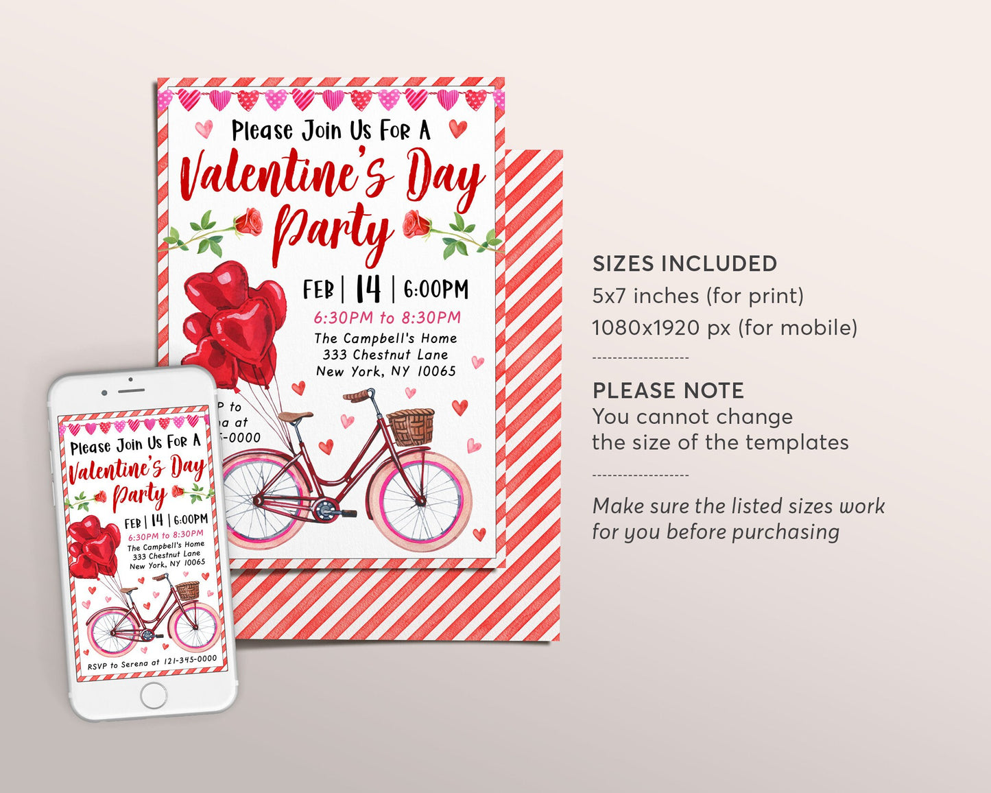 Valentines Day Party Invitation Editable Template, Happy Galentine's Day Girls Night Dinner Lunch Invite, Bicycle Heart Balloons Watercolor