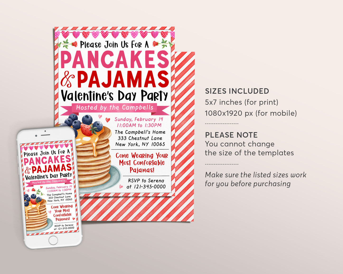 Valentines Day Pancakes and Pajamas Invitation Editable Template, Galentine's Brunch Breakfast Birthday Party Invite, School Classroom Evite