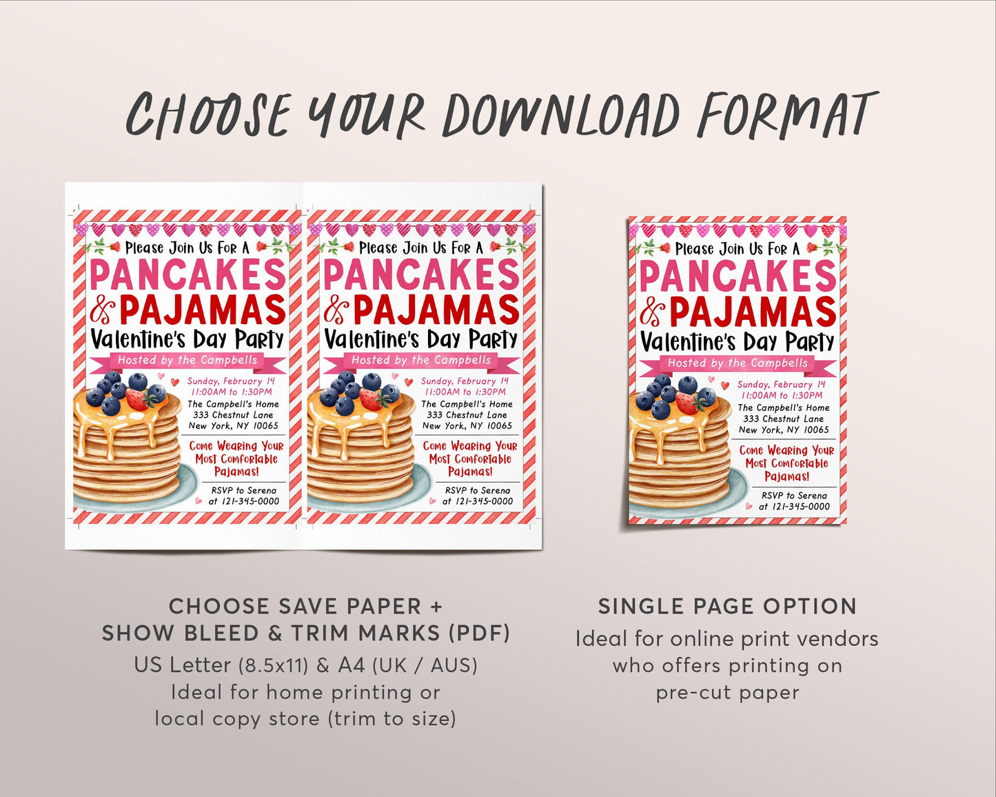 Valentines Day Pancakes and Pajamas Invitation Editable Template, Galentine's Brunch Breakfast Birthday Party Invite, School Classroom Evite