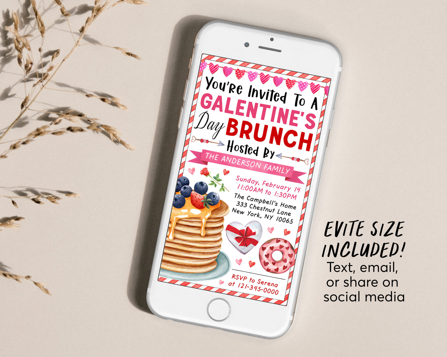 Galentine's Day Brunch Invitation Editable Template, Valentines Day Pancakes Breakfast Lunch Party Invite For Girl Friends Invite Evite