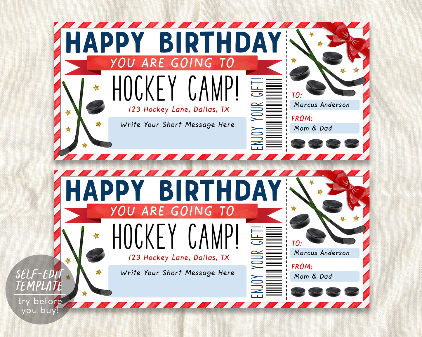 Hockey Camp Gift Ticket Editable Template