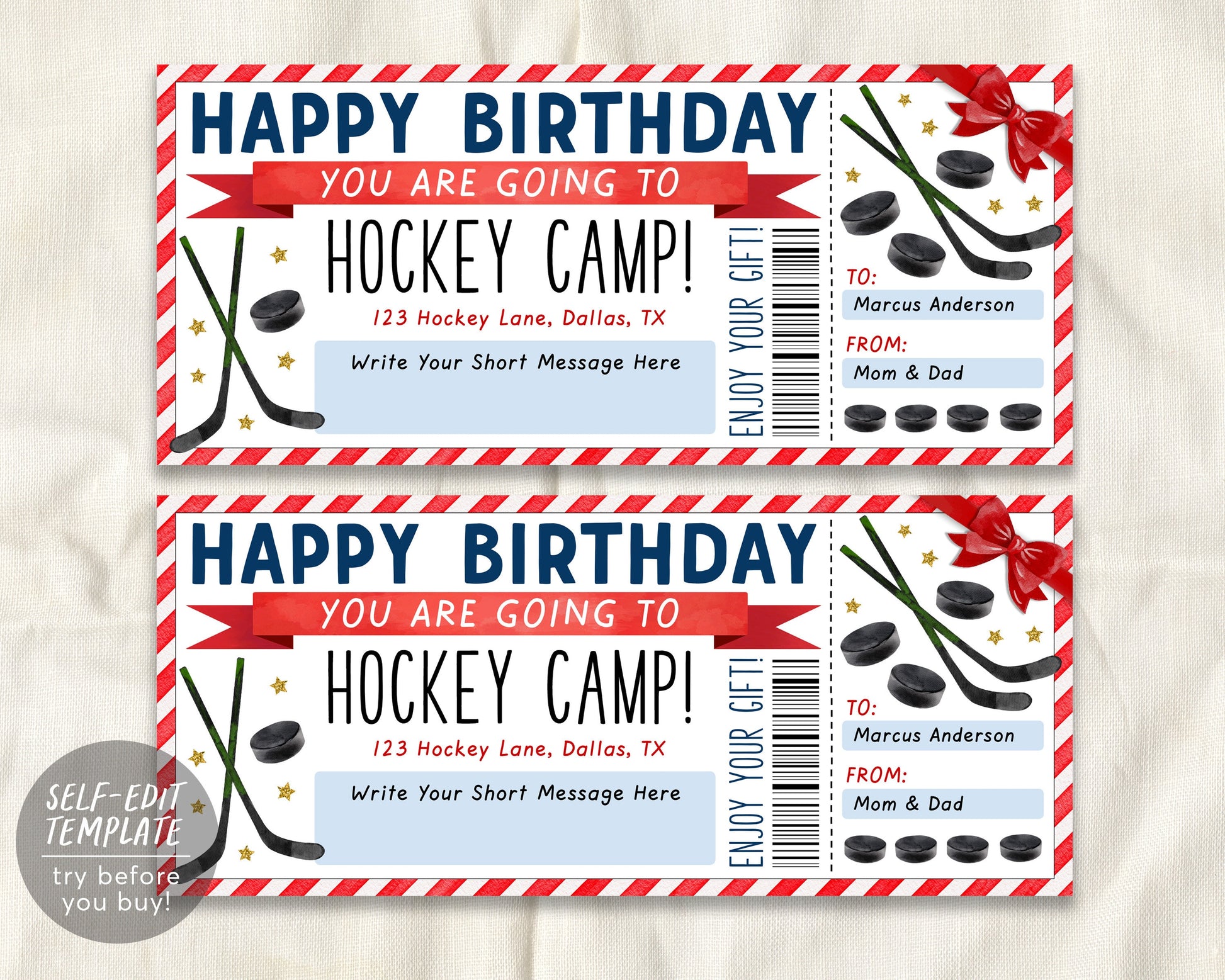 Hockey Camp Gift Ticket Editable Template