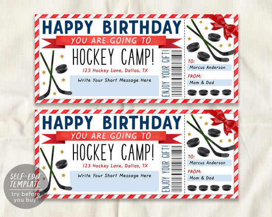 Hockey Camp Gift Ticket Editable Template