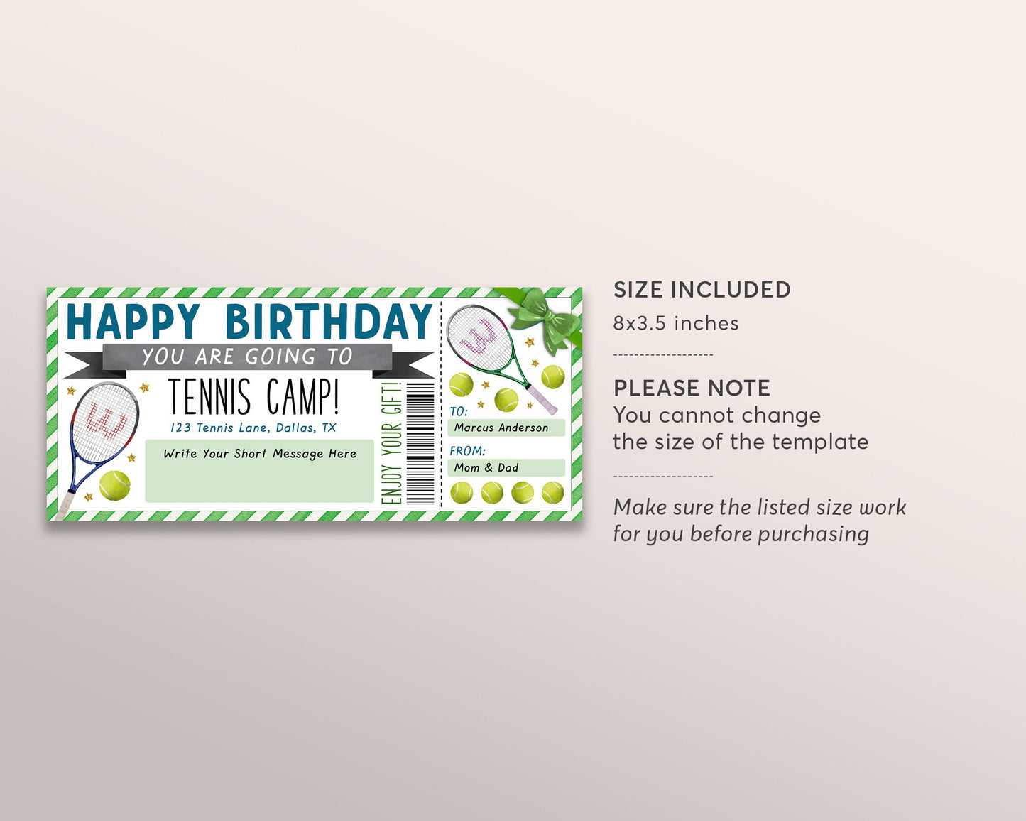 Tennis Camp Gift Ticket Editable Template, Birthday Surprise Training Camp Sports Game Voucher Skills Clinic Coupon Certificate Tennis Lover