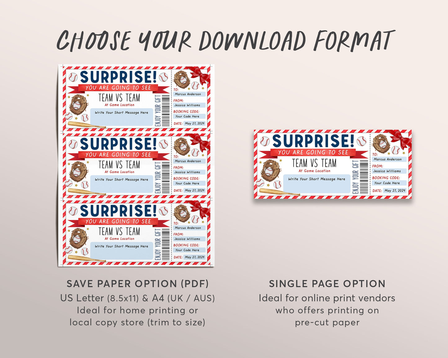 Surprise Baseball Game Gift Ticket Editable Template, Sports Game Ticket, Baseball Lover Voucher Gift Certificate Coupon Any Occasion