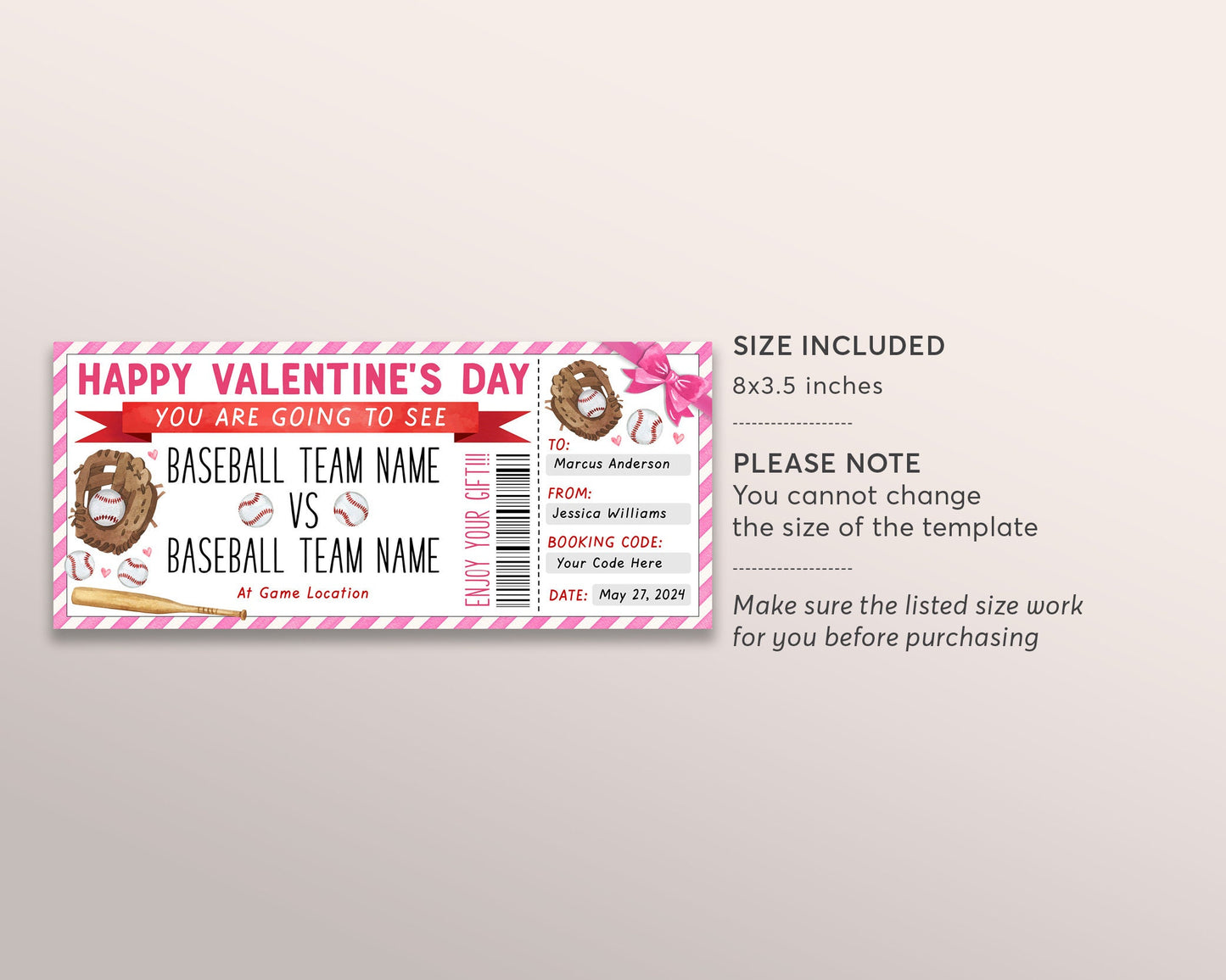 Valentine's Day Baseball Game Gift Ticket Editable Template, Valentine Surprise Sports Game Ticket For Boyfriend Husband Baseball Lover