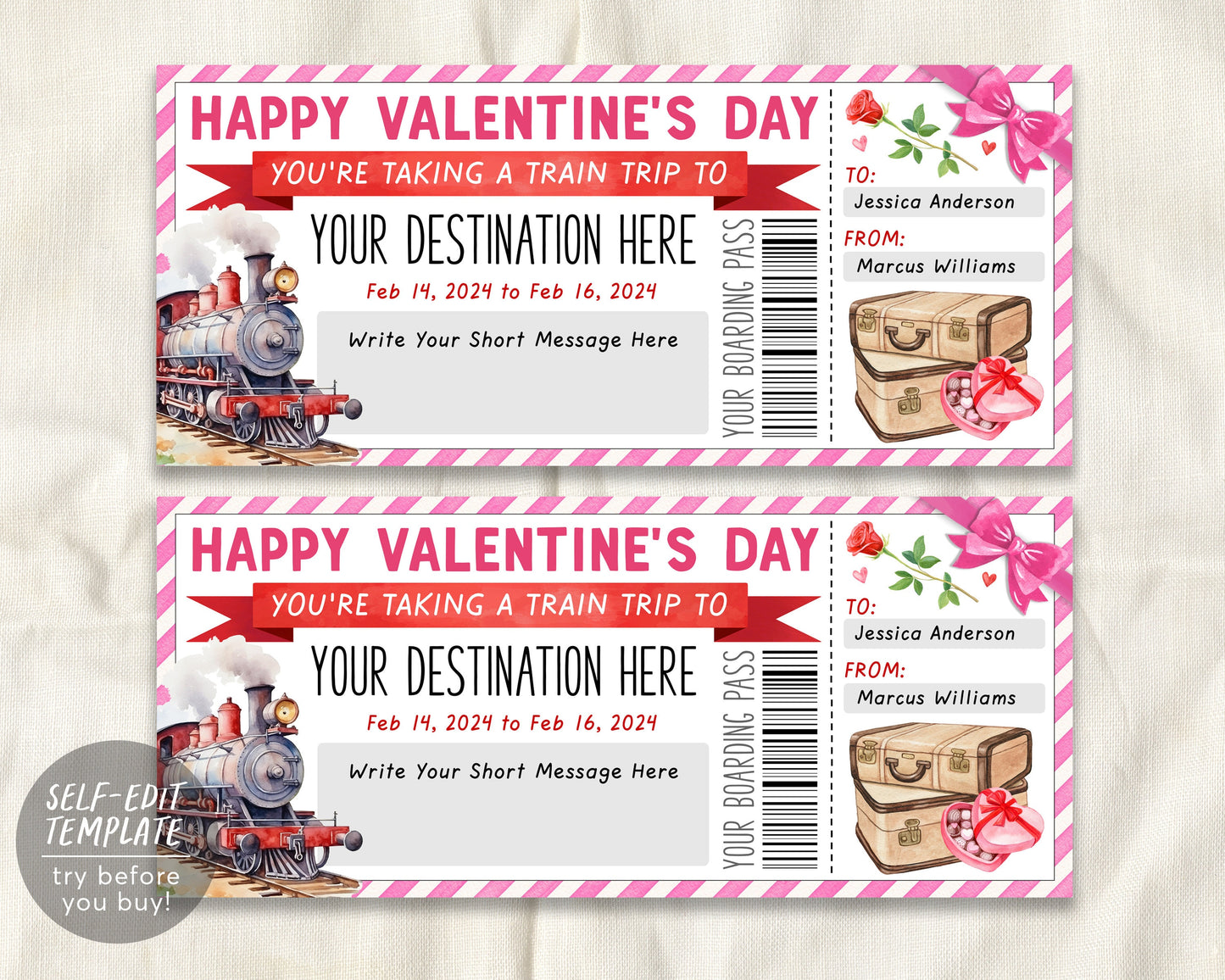 Valentines Day Train Ticket Boarding Pass Editable Template, Valentine ...