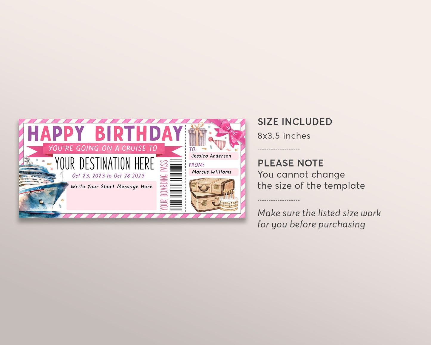 Cruise Boarding Pass Ticket Editable Template, Birthday Surprise Cruise Ship Gift Voucher For Her, Vacation Reveal Travel Gift Certificate