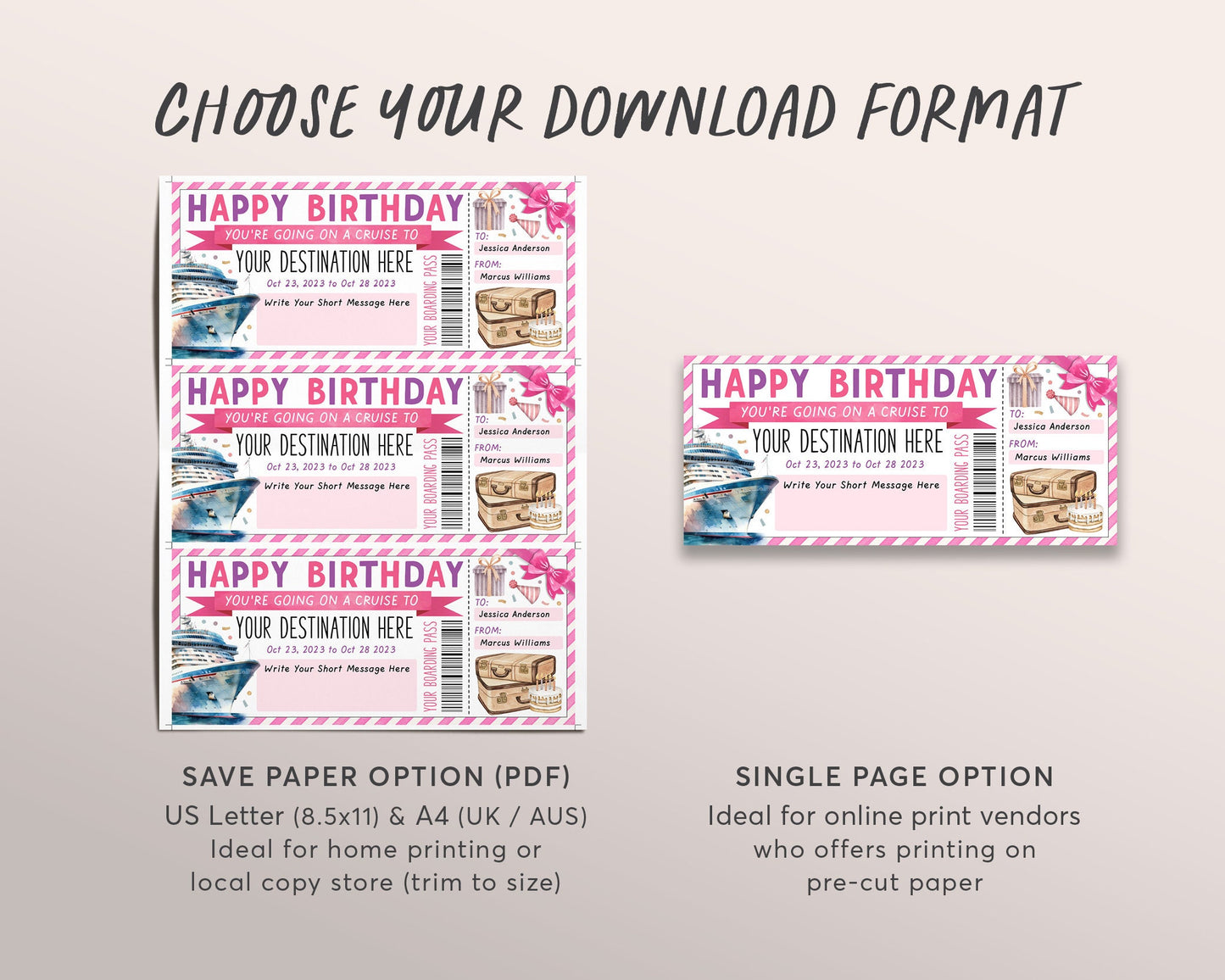 Cruise Boarding Pass Ticket Editable Template, Birthday Surprise Cruise Ship Gift Voucher For Her, Vacation Reveal Travel Gift Certificate